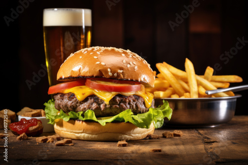 Hamburger, french fries and beer on a wooden background.