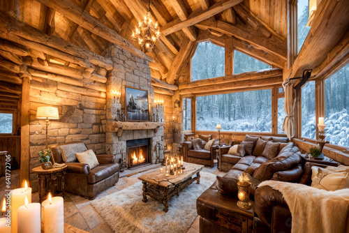 Foto Grand salon d'un chalet luxueux en bois avec une cheminée dans une ambiance chal