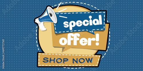 Denim "special offer" with loudspeaker. Vector flyer with an inscription "special offer" and a call to "shop now". Stylish denim discount banner.