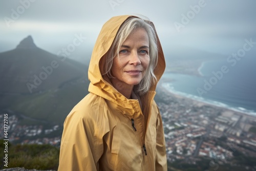 Medium shot portrait photography of a content mature woman wearing a waterproof rain jacket at the table mountain in cape town south africa. With generative AI technology © Markus Schröder