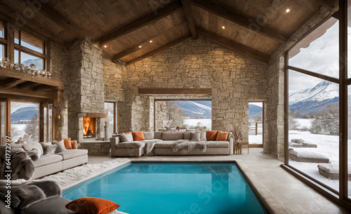 Salon avec piscine et cheminée dans un hôtel de luxe en bois et pierres en hiver avec vue sur les montagnes enneigées © Morgan