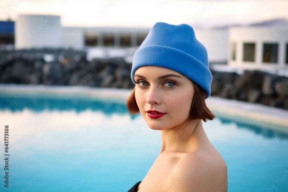 Medium shot portrait photography of a merry girl in his 30s wearing a sophisticated pillbox hat at the blue lagoon in reykjavik iceland. With generative AI technology