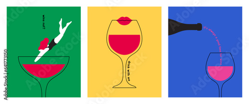 Abstract wine bottle poster set. Woman character jumping into the glass. Wine lover concept. Menu, Festival, Tasting. Colorful modern typography background. Trendy style design vector illustration. © DDDART