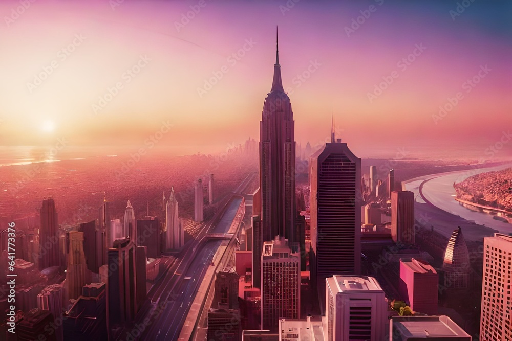 barbie city skyline at sunset