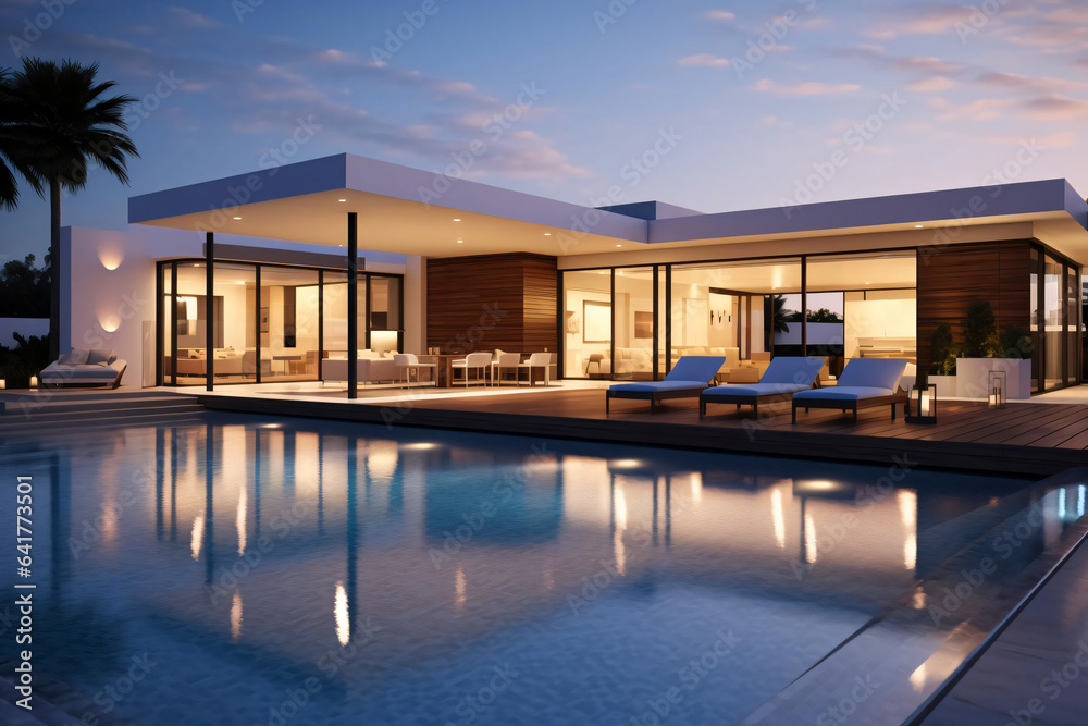 modern luxury home backyard swimming pol 3d rendering