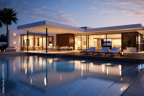 modern luxury home backyard swimming pol 3d rendering © Hasanul