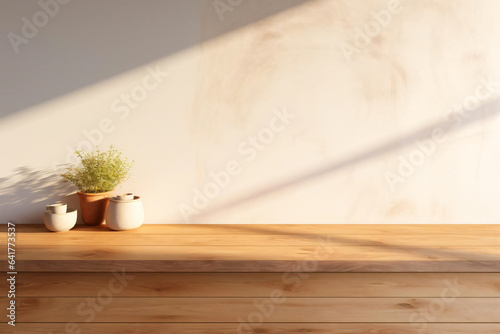plant on a wood table with sunlight creating a peaceful shadow, serenity, minimalist