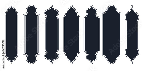 Collection of arabian oriental windows, arches and doors. Modern design in black for frames, patterns Mosque dome and lanterns Islamic ramadan kareem and eid mubarak style. Vector illustration