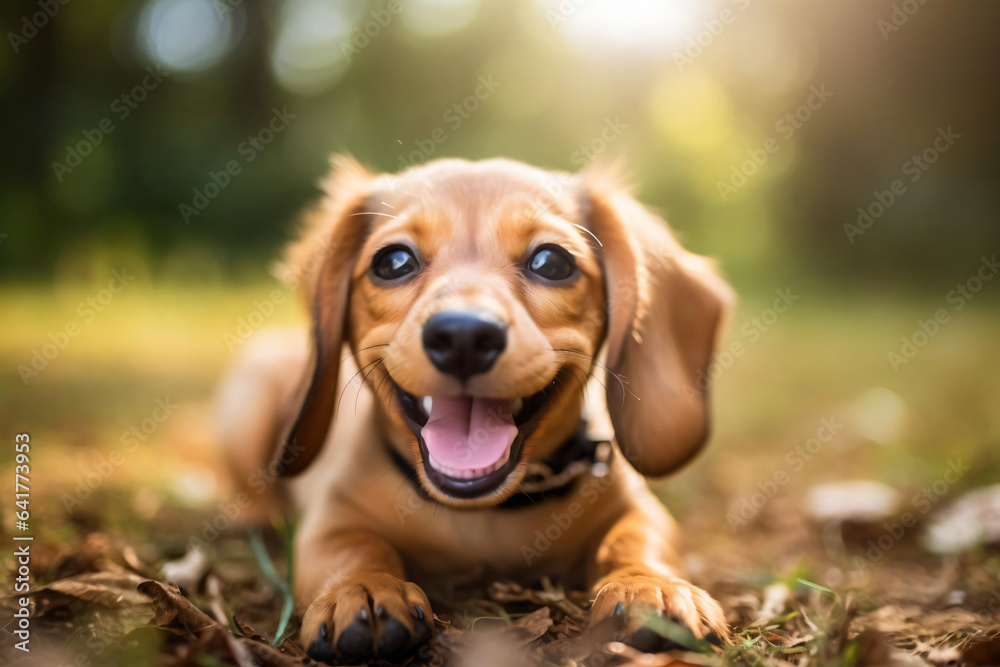 dachshund puppy in autumn park