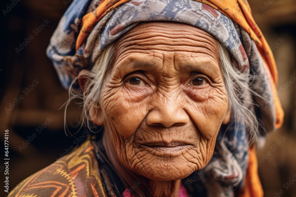 Close-up portrait photography of a content mature woman wearing a cool snapback hat at the borobudur temple in magelang indonesia. With generative AI technology