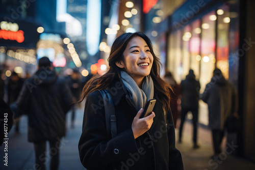 portrait of a joyful smiling asian woman walking on the city street