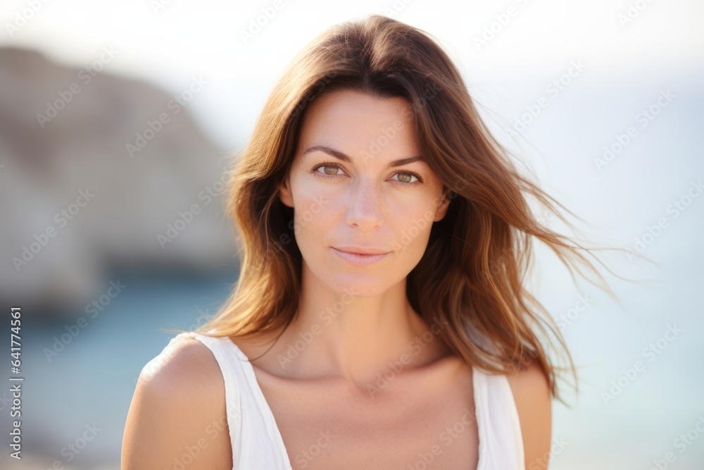 Headshot portrait photography of a content girl in her 40s wearing a trendy off-shoulder blouse at the dead sea in israel/jordan. With generative AI technology