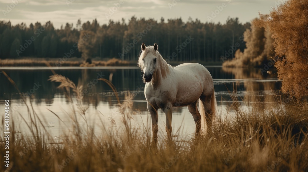 Illustration of a horse relaxing in the wild with other animals in the forest Illustration of a horse relaxing in the wild with other animals in the forest