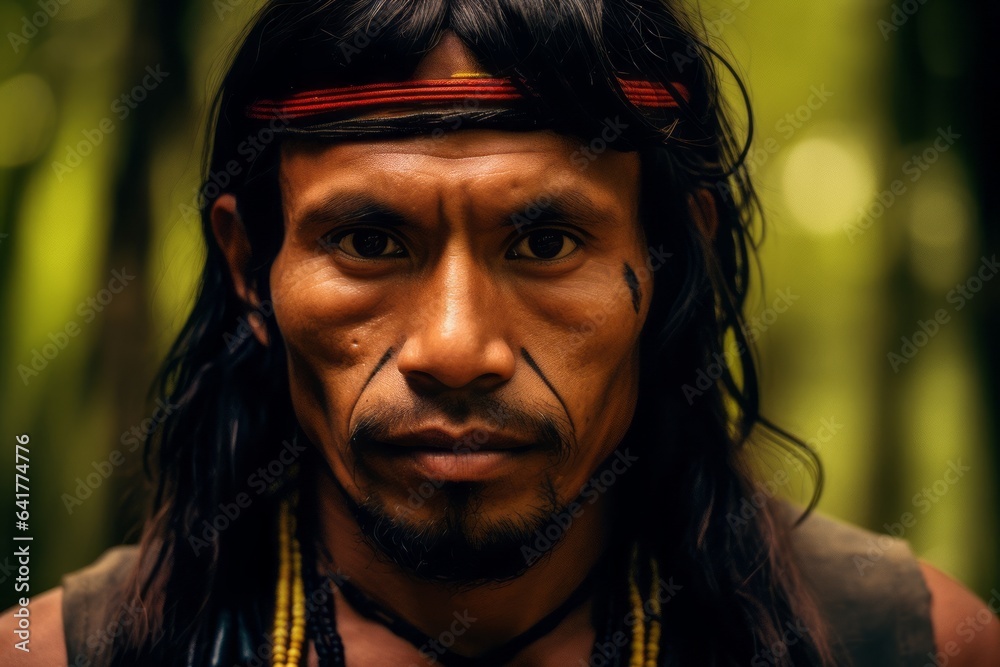 Headshot portrait photography of a glad boy in his 30s wearing a dramatic choker necklace at the amazon rainforest in brazil. With generative AI technology Headshot portrait photography of a glad boy in his 30s wearing a dramatic choker necklace at the amazon rainforest in brazil. With generative AI technology