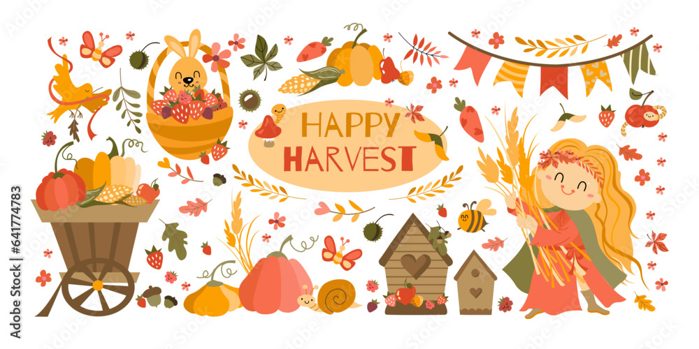 Naklejka premium Happy Harvest Festival Set. Hand drawn lettering phrase and Happy harvest symbols. Autumn Pumpkin, corn and girl harvesting wheat.