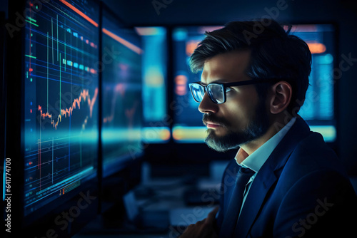 businessman working on large monitors for data analysis