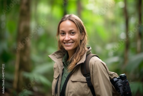Medium shot portrait photography of a happy girl in her 40s wearing a stylish varsity jacket at the amazon rainforest in brazil. With generative AI technology