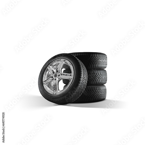 Car tires with a great profile and shiny chrome alloy wheels on isolated PNG Background.  Set of summer or winter tyres in front of white fond.
