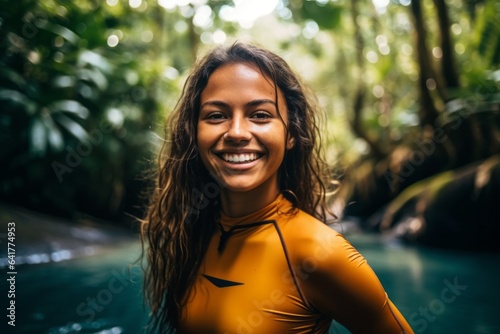 Fototapeta Medium shot portrait photography of a joyful girl in her 20s wearing a vibrant rash guard at the amazon rainforest in brazil