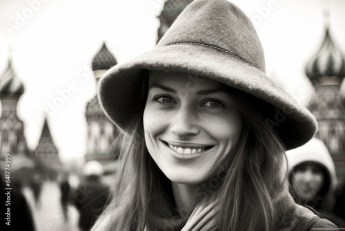 Close-up portrait photography of a joyful girl in her 40s wearing a rugged cowboy hat at the red square in moscow russia. With generative AI technology © Markus Schröder