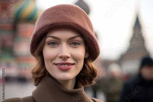 Close-up portrait photography of a happy girl in her 30s wearing a sophisticated pillbox hat at the red square in moscow russia. With generative AI technology