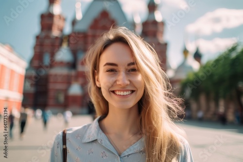 Medium shot portrait photography of a happy girl in his 20s wearing a trendy cropped top at the red square in moscow russia. With generative AI technology