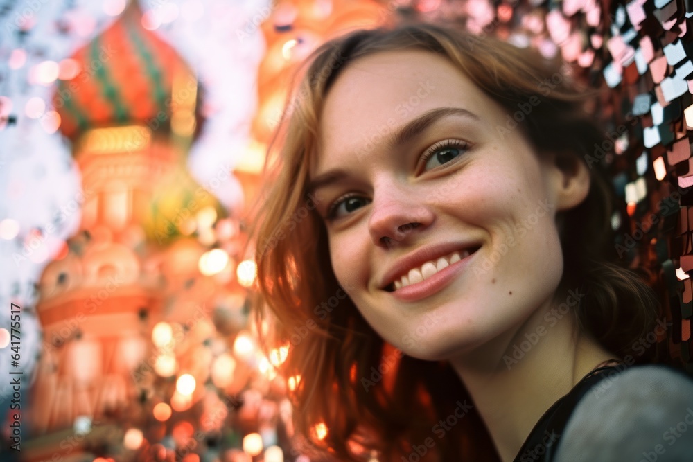 Fototapeta premium Close-up portrait photography of a glad girl in his 30s wearing a glamorous sequin top at the red square in moscow russia. With generative AI technology