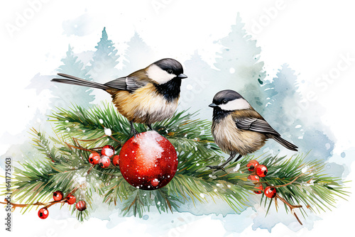 Christmas Poster. illustration of Christmas Background with branches of christmas tree and Chickadees. Post processed AI generated image