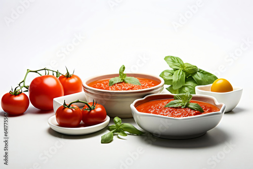 food photography, set of bowl of tomatoes and tomator soups