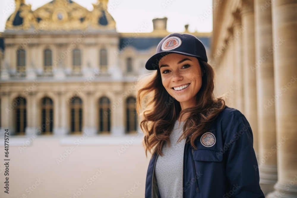 Lifestyle portrait photography of a grinning girl in her 40s wearing a cool snapback hat at the palace of versailles in versailles france. With generative AI technology