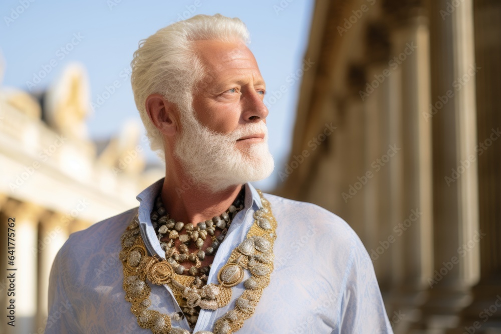 Lifestyle portrait photography of a tender mature man wearing a stunning statement necklace at the palace of versailles in versailles france. With generative AI technology