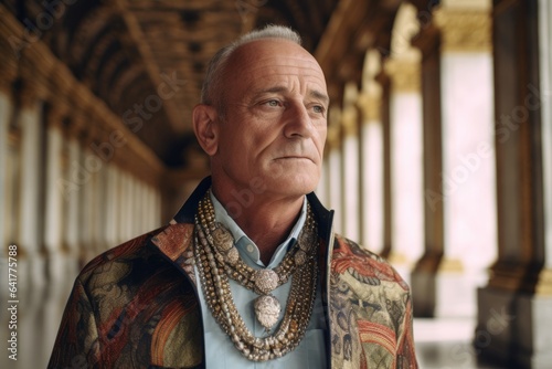 Lifestyle portrait photography of a tender mature man wearing a stunning statement necklace at the palace of versailles in versailles france. With generative AI technology