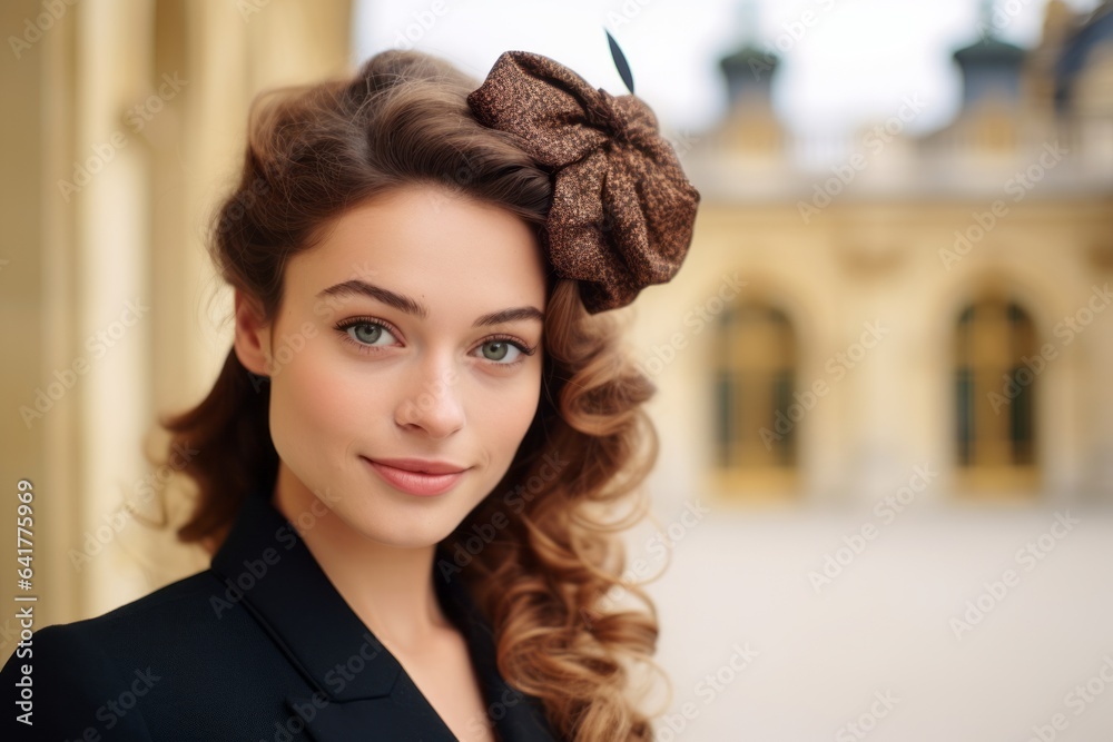 Naklejka premium Headshot portrait photography of a blissful girl in his 20s wearing a fancy fascinator at the palace of versailles in versailles france. With generative AI technology