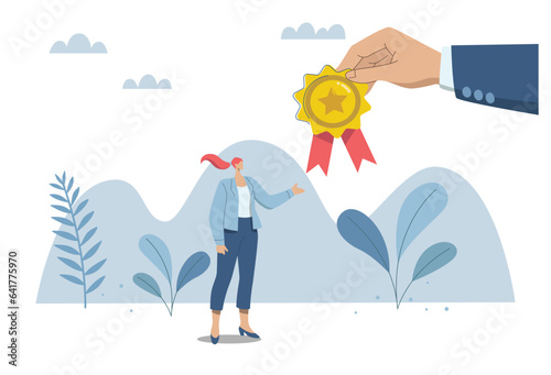 Employee support, congratulations and positive appreciation with bonus rewards, encouragement with extra rewards, businesswoman getting reward, vector design illustration.