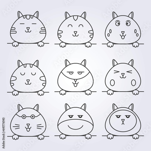 Set Line art Cute cat faces, kitten or kitty animal emoticons stickers vector illustration design