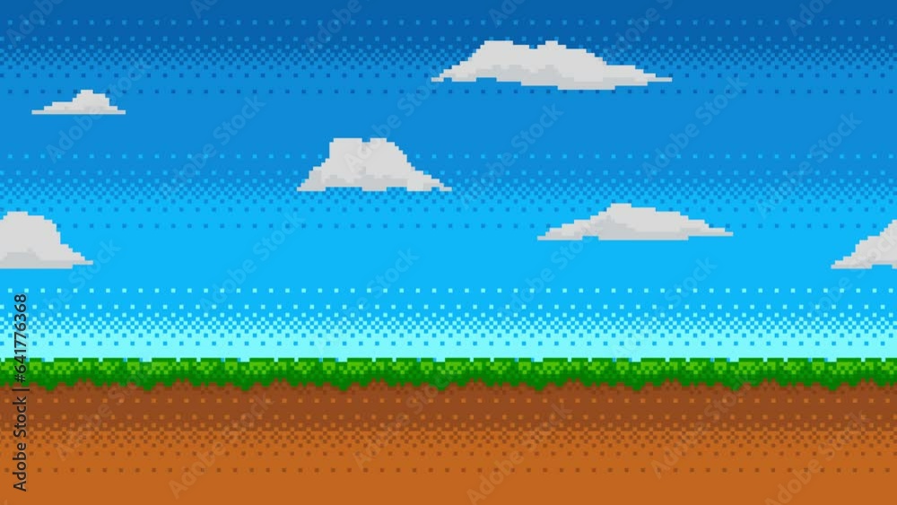 Pixel art animation of retro video game background. Animated 8 bit landscape with moving clouds.
