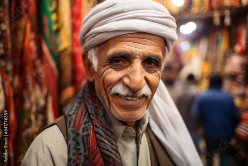 Close-up portrait photography of a cheerful mature man wearing a gorgeous silk scarf at the mecca in saudi arabia. With generative AI technology