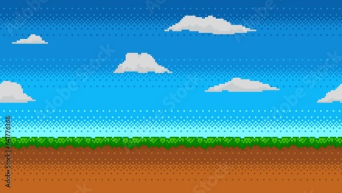 Pixel art animation of retro video game background. Animated 8 bit landscape with moving clouds.