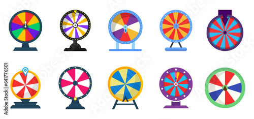 Vector Wheel of Fortune collection - flat colorful wheels isolated on white.