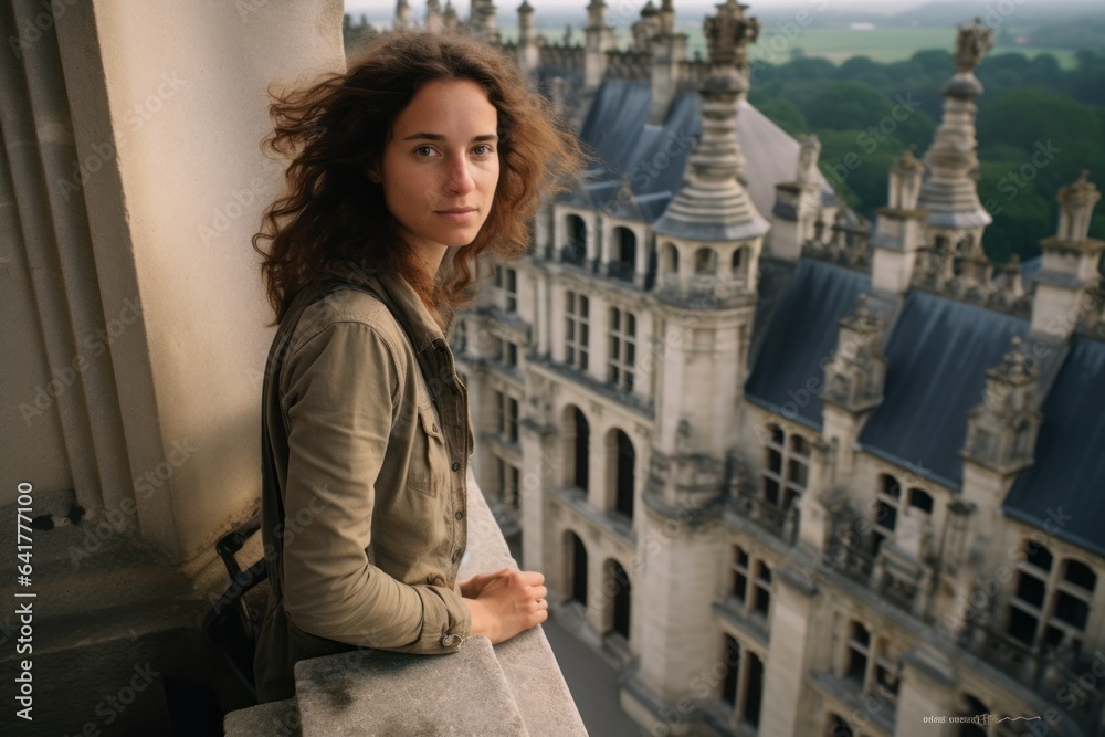 Photography in the style of pensive portraiture of a grinning girl in her 30s wearing a technical climbing shirt at the chateau de chambord in chambord france. With generative AI technology