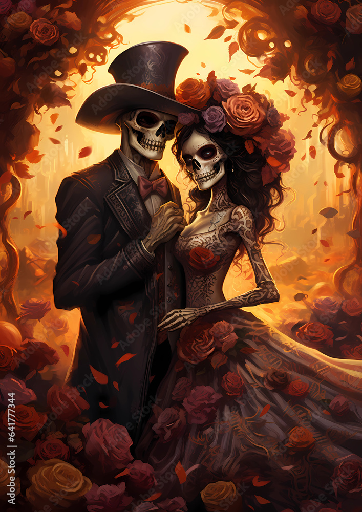 artistic illustration of a wedding couple at dia de muertos, day of the death, generative AI artistic illustration of a wedding couple at dia de muertos, day of the death, generative AI