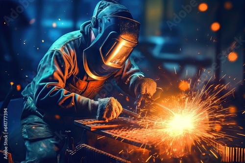 metal worker welder working with arc welding machine in factory while wearing safety equipment. © Banana Images