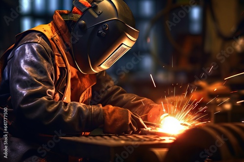 Welder working in workshop, construction and processing of steel components