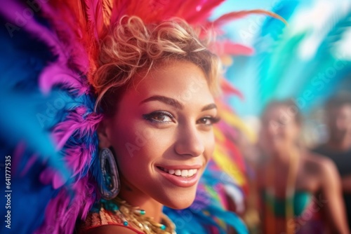 Close-up portrait photography of a satisfied girl in her 30s wearing an extravagant feather boa at the great barrier reef in queensland australia. With generative AI technology