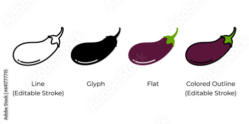 Eggplant, aubergine, brinjal vector icon set for website design, app, UI, isolated on white background. Vector illustration.