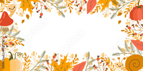 Autumn frame vector banner. Fall background with pumpkin, mushroom, snail. Colorful banners with autumn fallen leaves and yellowed foliage.