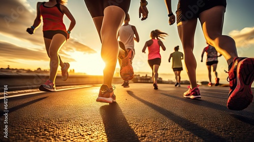 Marathon jogging race people running in the light of sunset, close up legs, sport wellness concept