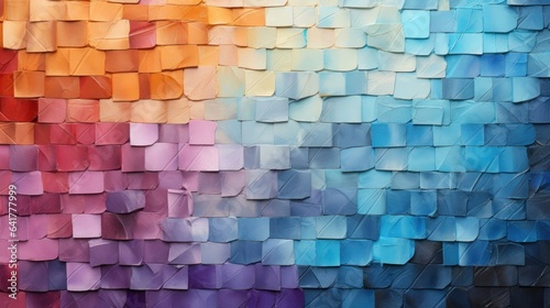 An abstract background with a mosaic-like texture created through the technique of collage, incorporating torn pieces of painted paper or other materials