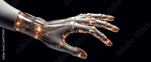 A smart robotic hand is reaching out with a bright glow. Generative AI