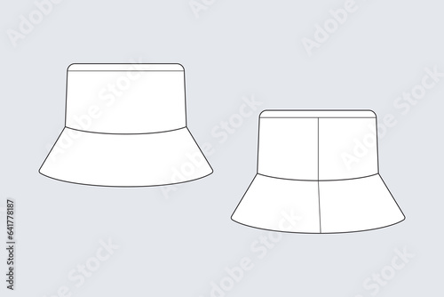 Bucket hat, panama hat template isolated on a grey background. Front and back view. Outline fashion technical sketch of accessories model.